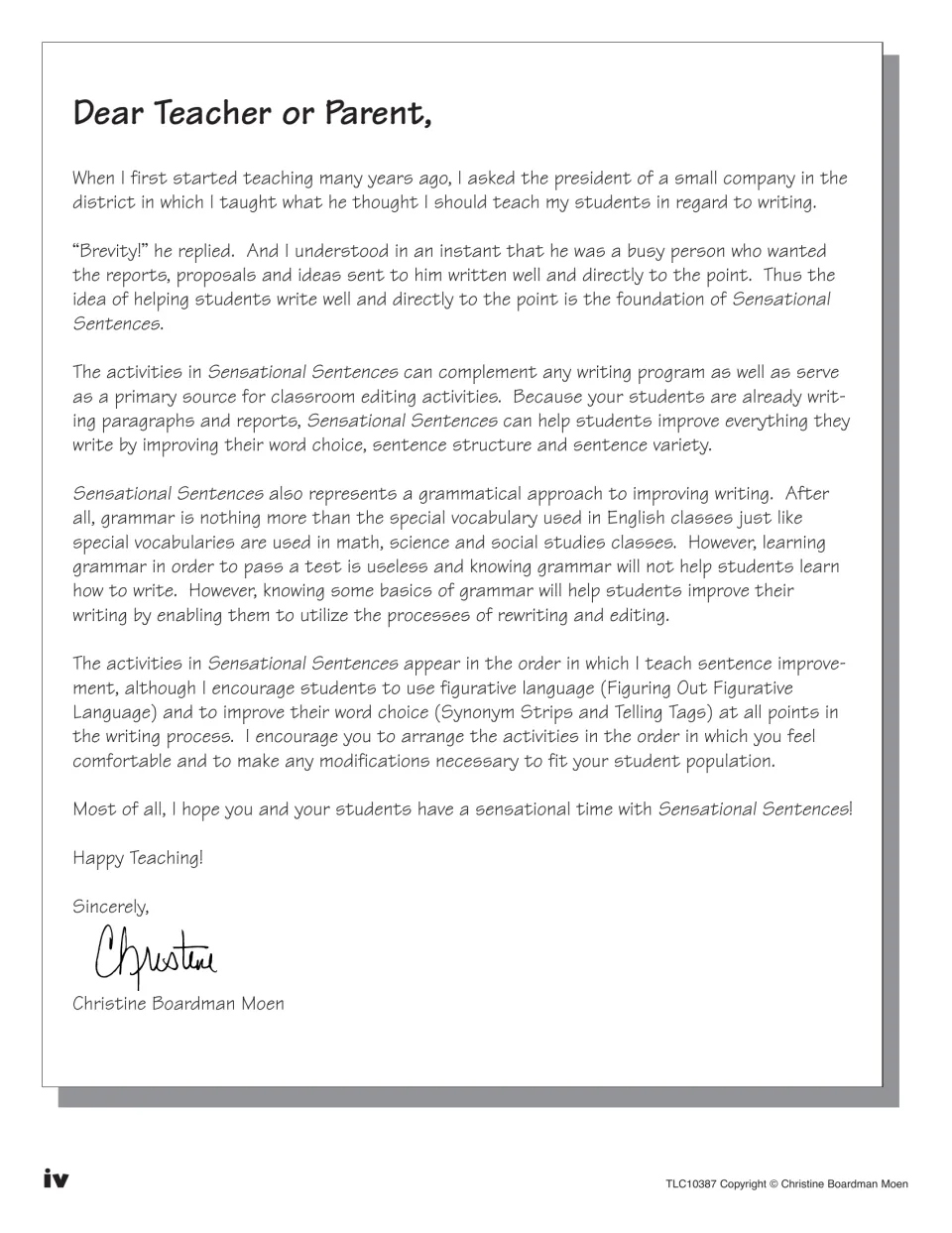 Letter from the author to teachers and parents explaining the book's focus on brevity, word choice and grammar-based editing