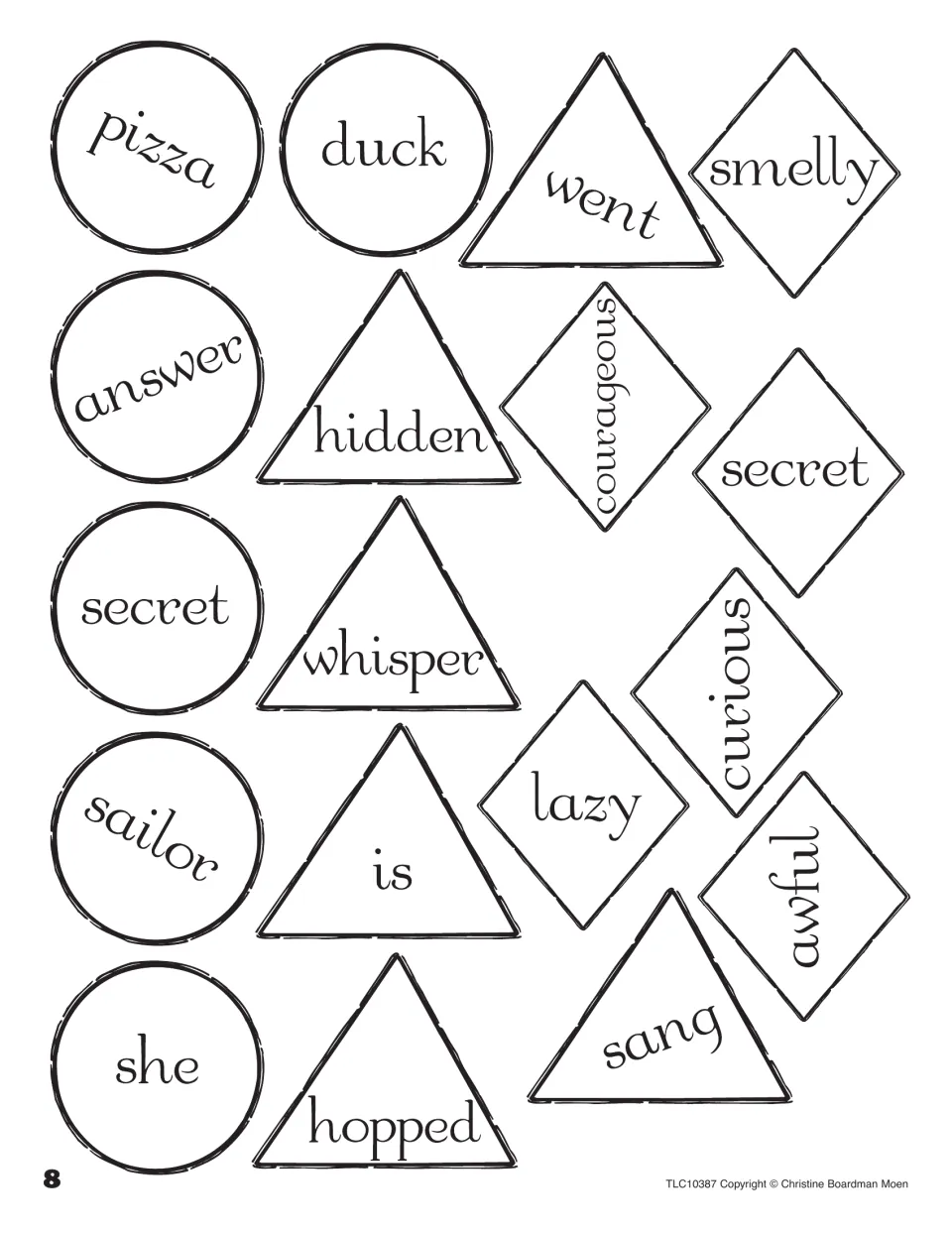 Sentence Building Blocks cut-outs: subjects in circles, verbs in triangles, adjectives in diamonds (pizza, hopped, curious)