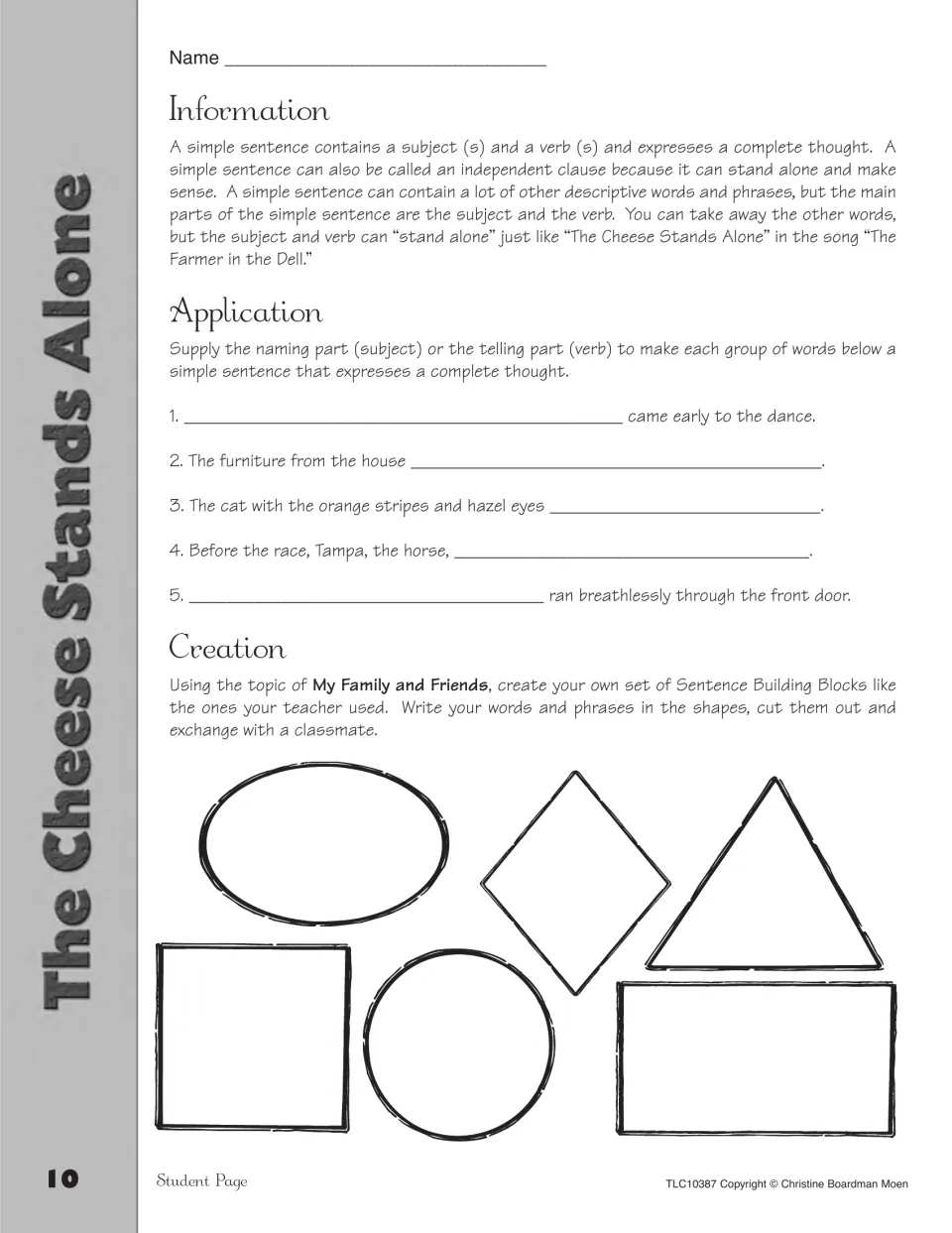 Simple sentences student page: add the missing subject or verb in five items, then make blocks about family and friends