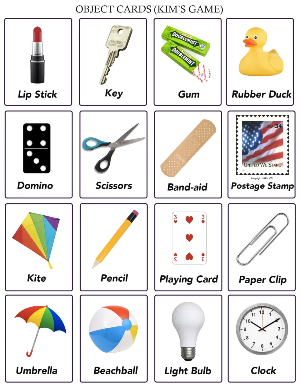 Kim's Game object cards for the sight activity: lipstick, key, gum, rubber duck and 12 more, with photos
