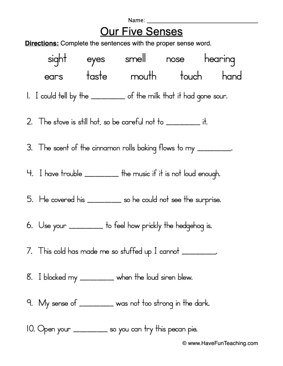 Our Five Senses: students complete 10 sentences using a word bank of sense words and body parts such as nose and ears