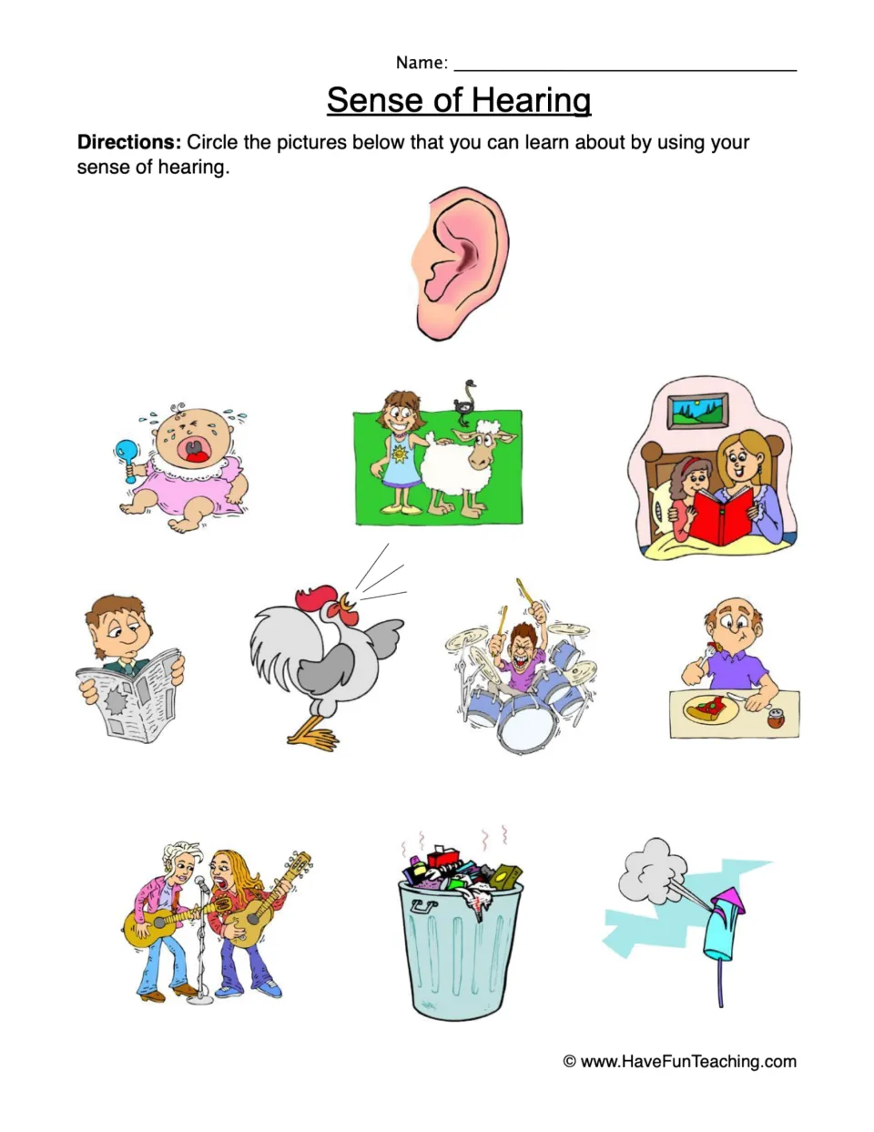 Sense of hearing: students circle pictures they learn about by listening, such as a crying baby, crowing rooster and drums