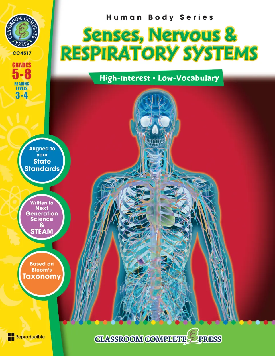 Senses, Nervous & Respiratory Systems cover for grades 5–8, showing a see-through human body with its nerves