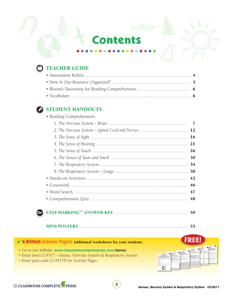 Table of contents: teacher guide, 8 reading sections from brain to lungs, crossword, word search, quiz, answer key
