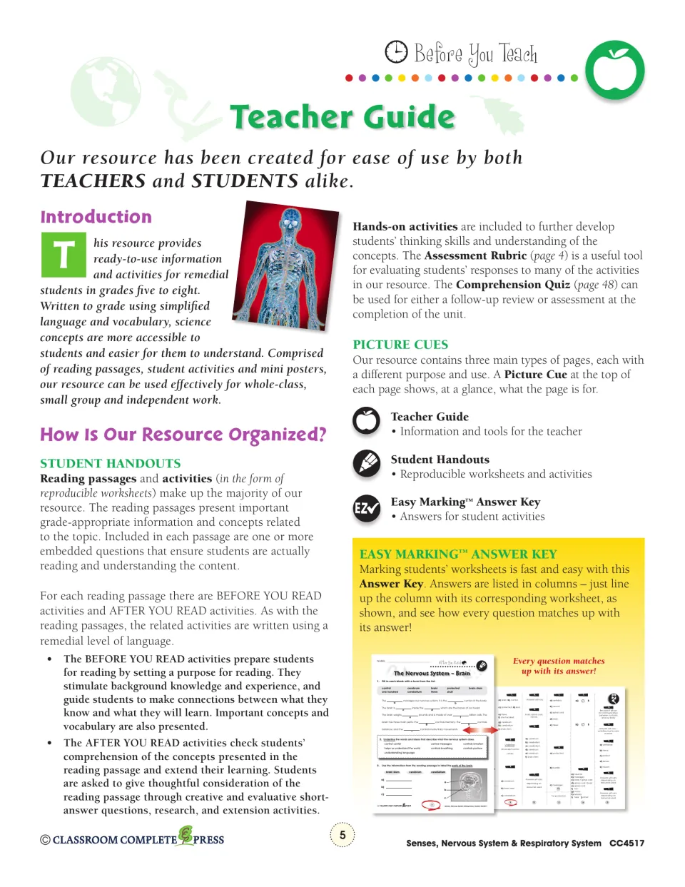 Teacher guide explaining the reading passages, Before You Read and After You Read pages, and the answer key