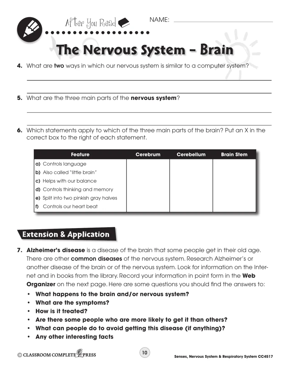 After You Read, brain: computer comparison questions, a brain-part feature table and an Alzheimer's research task