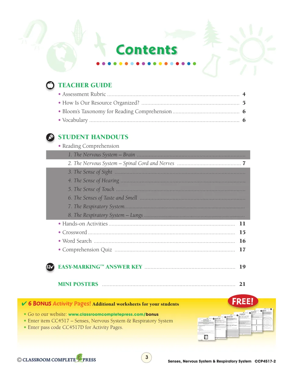 Unit contents listing the teacher guide, eight reading sections, crossword, word search, quiz and mini posters