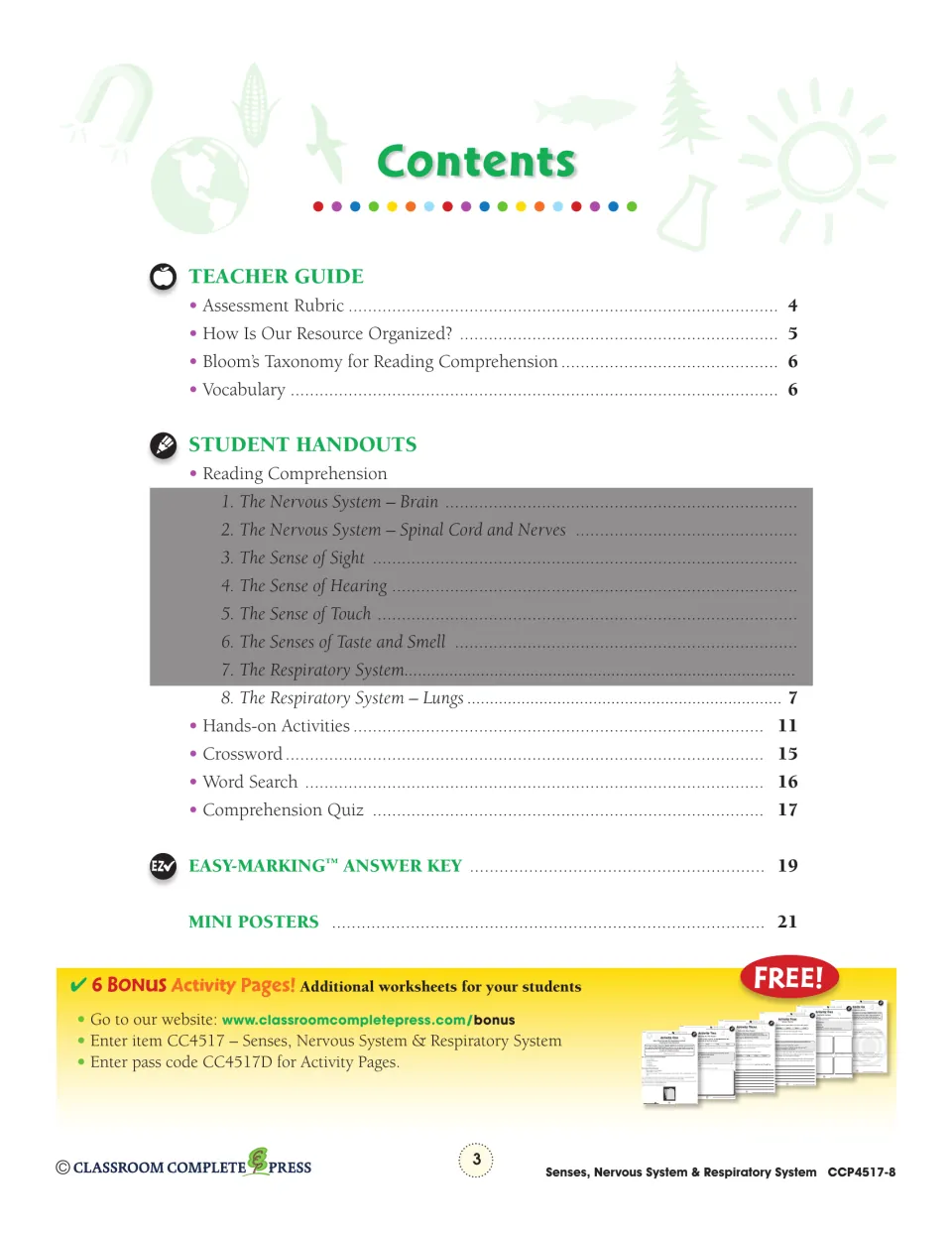 Contents listing teacher guide, lungs reading, hands-on activities, crossword, word search, quiz, answer key and posters