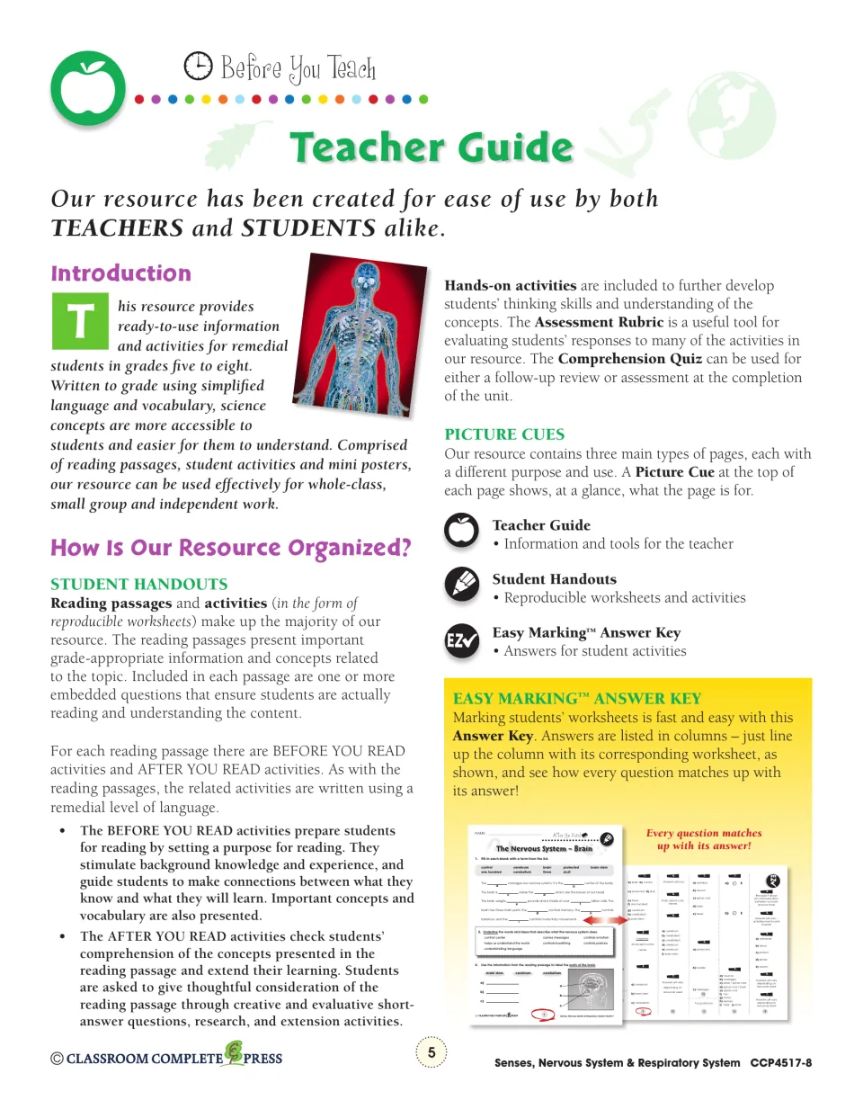 Teacher guide explaining Before You Read and After You Read activities, picture cues and the Easy Marking answer key