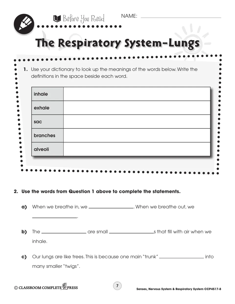 Lungs vocabulary preview: students define inhale, exhale, sac, branches and alveoli, then complete three sentences