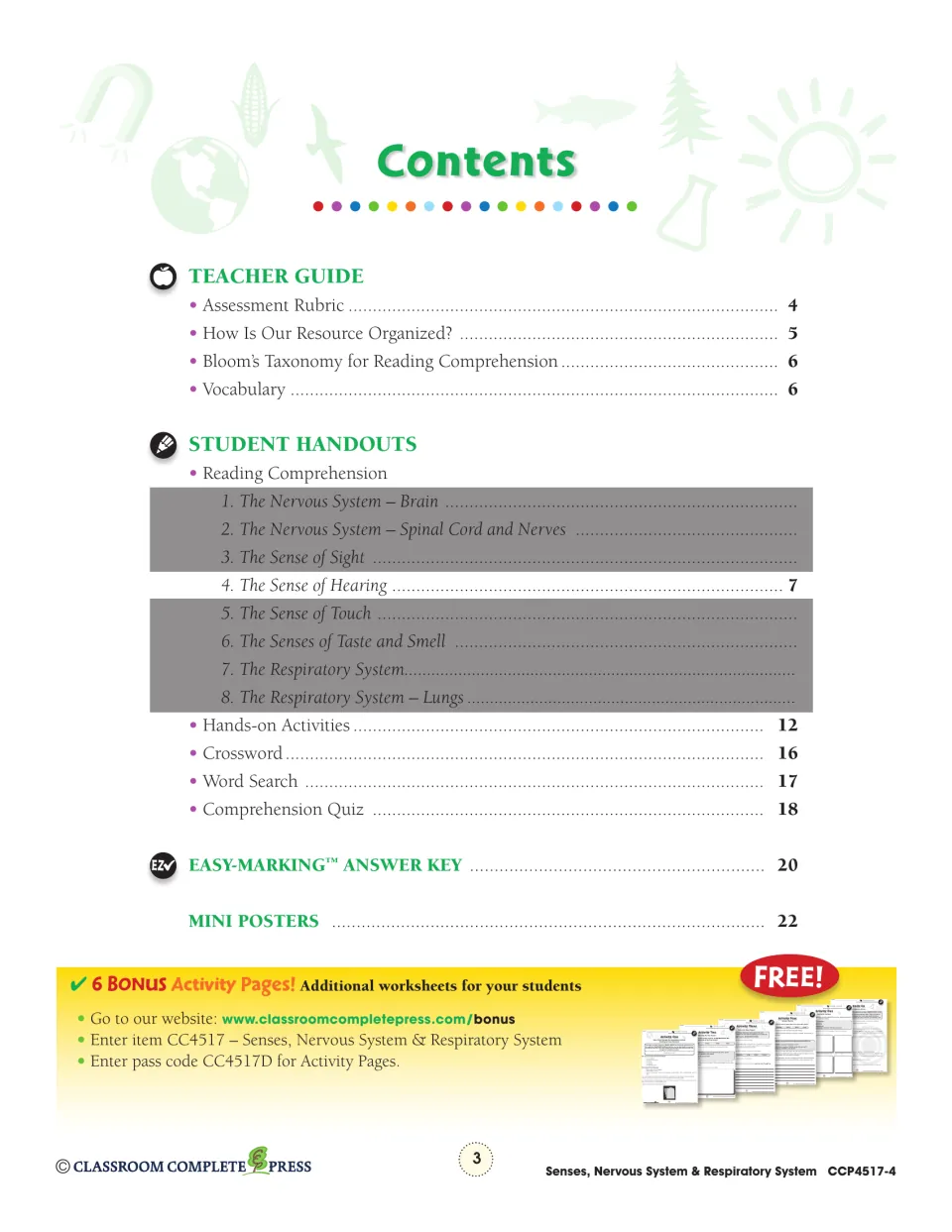 Table of contents listing the teacher guide, reading 4 'The Sense of Hearing' on page 7, activities and answer key