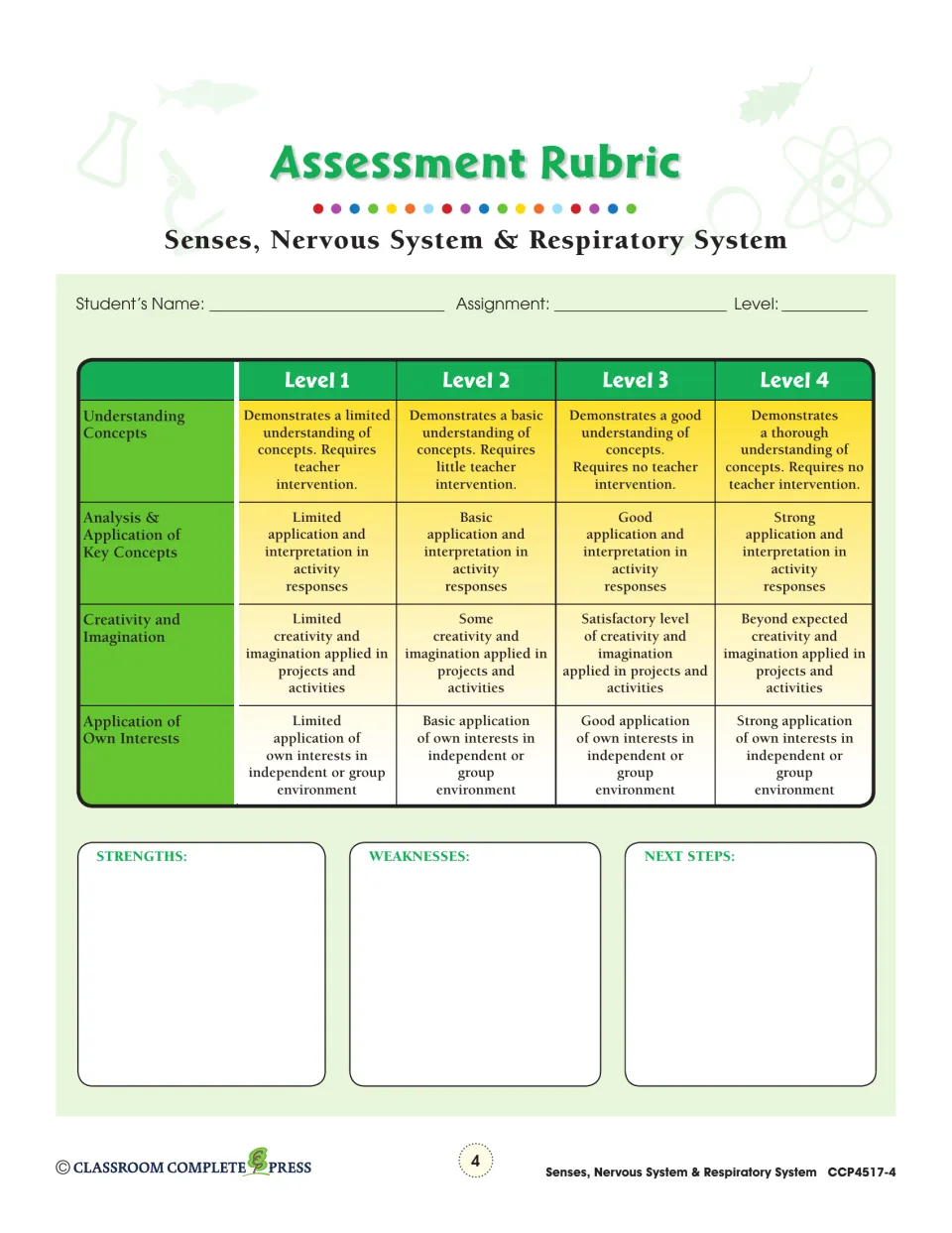 Assessment rubric rating levels 1–4 for understanding, analysis, creativity and own interests, with next-steps notes