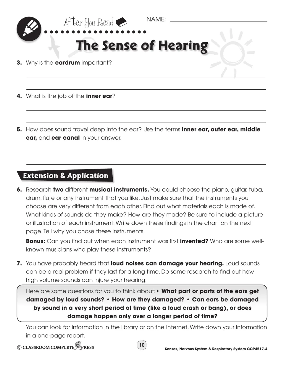 After You Read 3–7: short answers on the eardrum and inner ear, plus research on instruments and hearing damage
