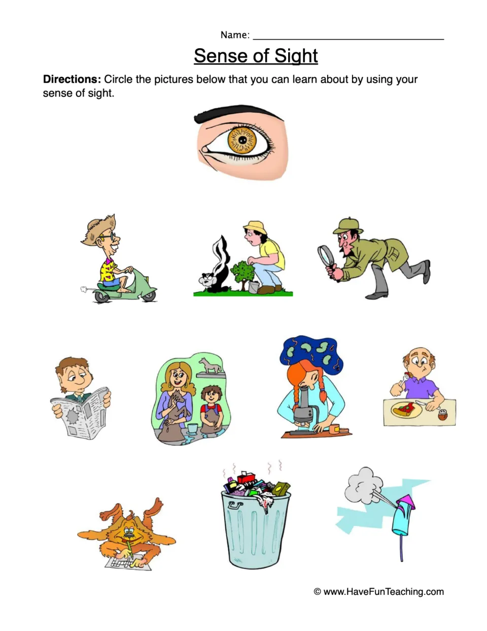 Sense of Sight: students circle pictures of things learned by seeing, such as a newspaper, microscope or magnifying glass