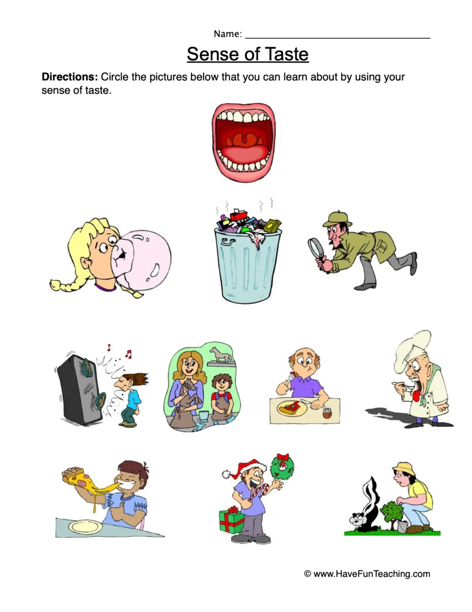 Sense of Taste: students circle pictures they learn about by tasting, such as bubble gum, pizza and a chef's spoonful