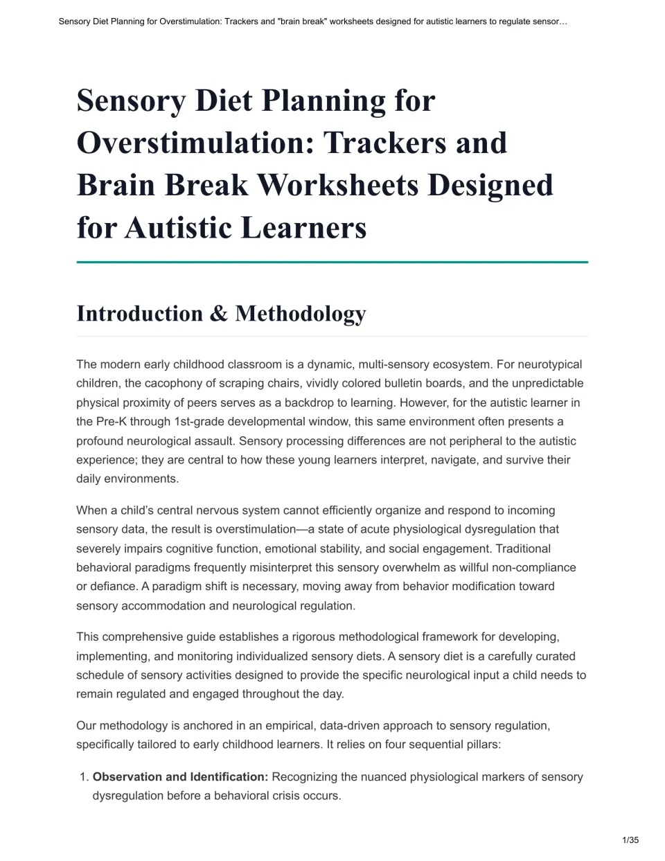 Guide introduction defines a sensory diet and introduces observation as the first of four planning pillars.