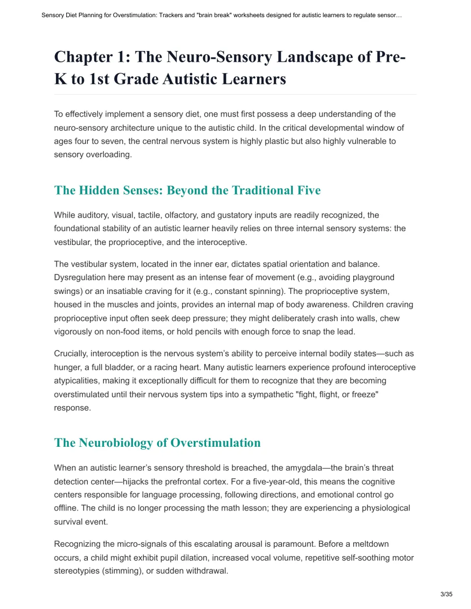 Chapter 1 introduces vestibular, proprioceptive, and interoceptive senses and discusses overstimulation.