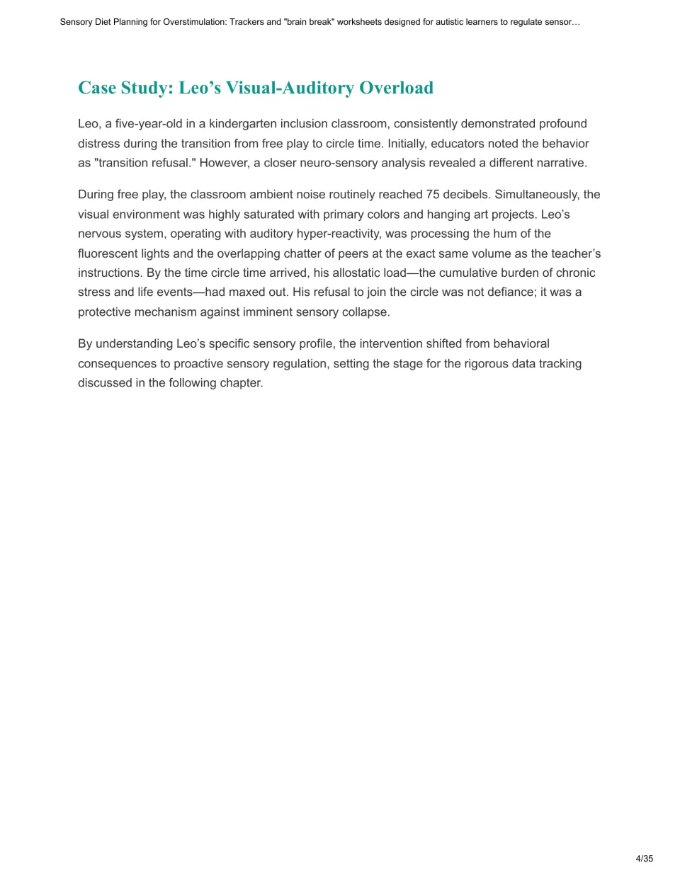 Chapter 1 case study examines Leo's visual-auditory overload during the transition from play to circle time.
