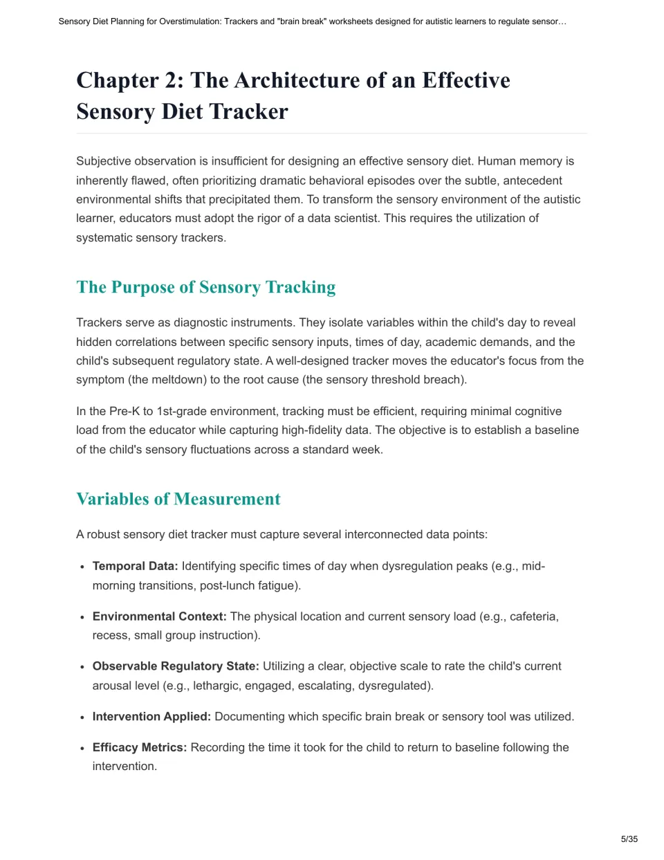 Chapter 2 explains sensory tracking and five variables: time, context, regulatory state, intervention, and recovery.