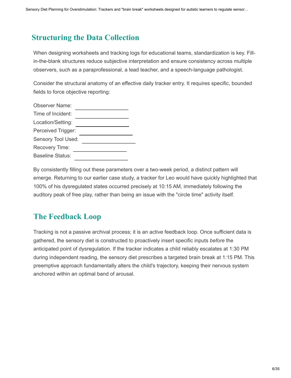 Chapter 2 presents daily tracker fields for triggers, sensory tools, and recovery, plus a planning feedback loop.