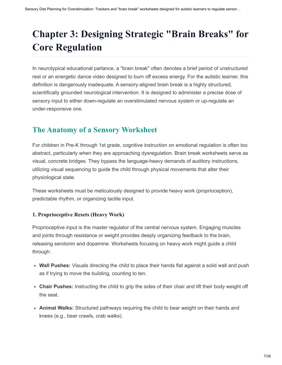 Chapter 3 introduces sensory brain break worksheets and heavy work examples: wall pushes, chair pushes, and walks.