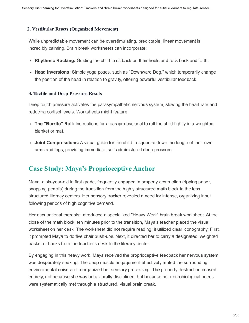 Chapter 3 continues with movement and deep pressure examples, then Maya's case study using a heavy work worksheet.