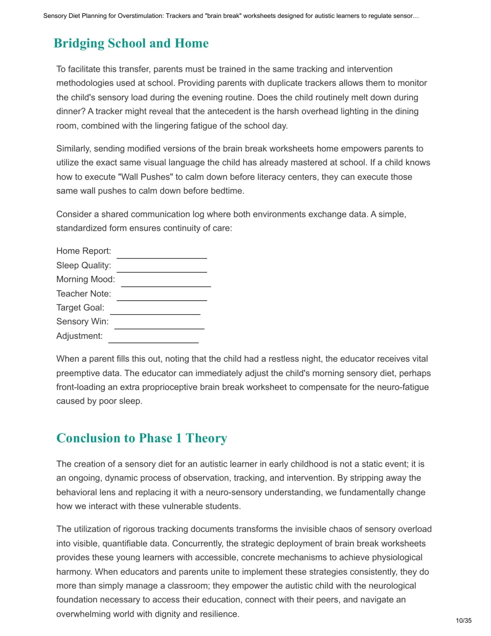 Chapter 4 offers a school-home communication log covering sleep, mood, goals, and adjustments, then concludes Phase 1.