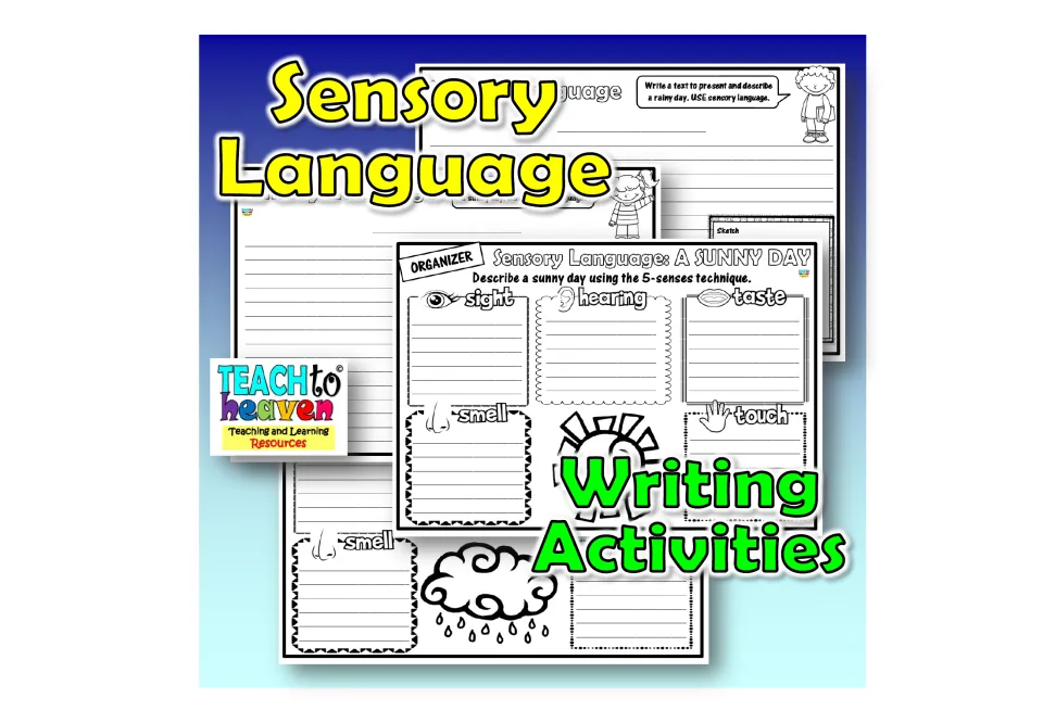 Sensory Language Writing Activities cover showing a sunny day five-senses organizer and a rainy day writing page