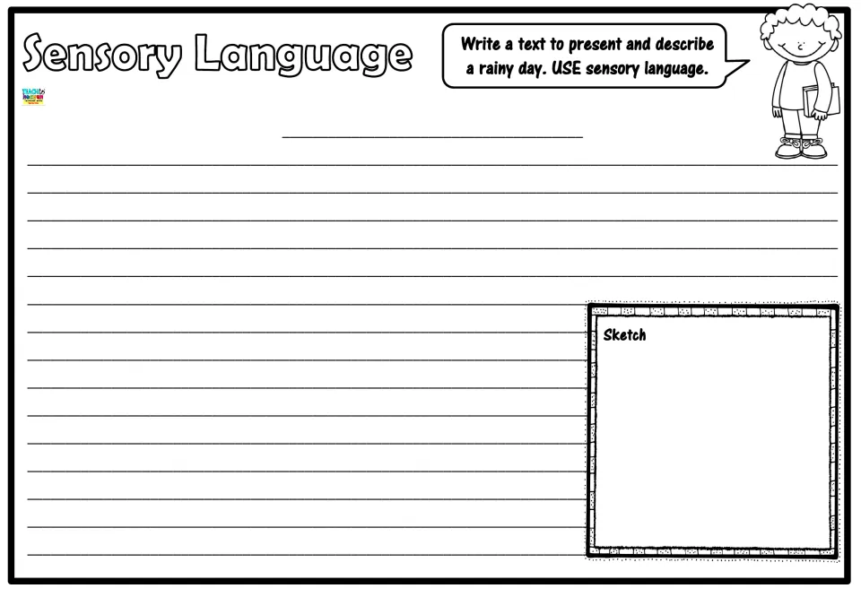 Rainy day descriptive writing: students title and write a text using sensory language, then sketch the scene