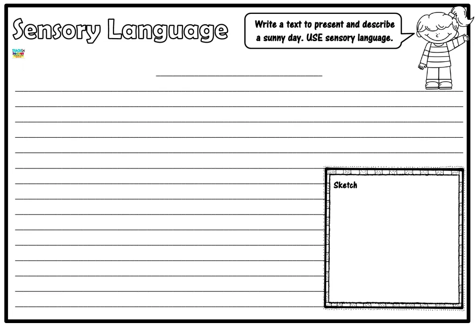Sunny day descriptive writing: students write a titled text full of sensory language and add a sketch