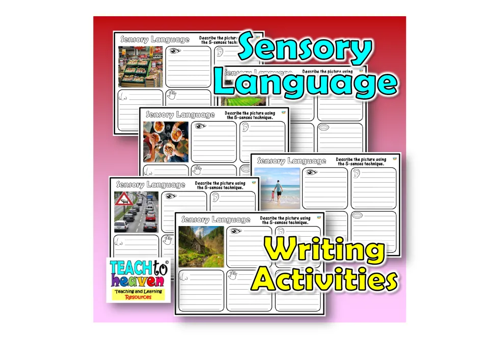 Sensory Language Writing Activities cover showing five-senses picture prompts: forest mill, beach, meal, traffic, market