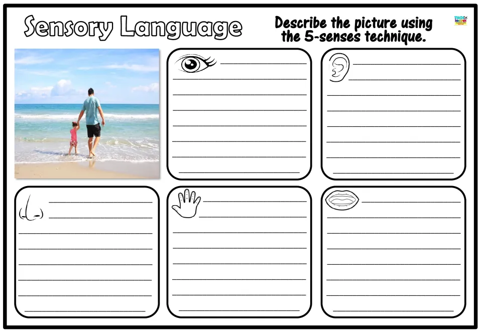 Five-senses description: students write what they see, hear, smell, feel and taste as an adult and child walk into the sea