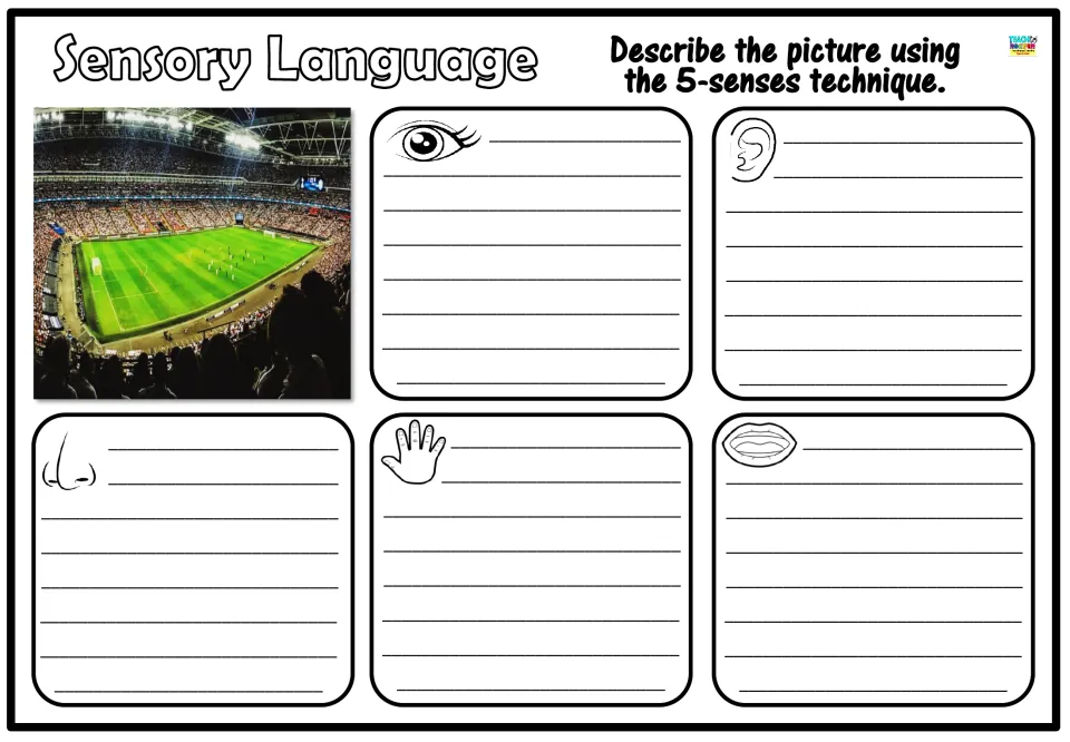 Describing with the senses: students note sights, sounds, smells, textures and tastes of a packed floodlit football stadium