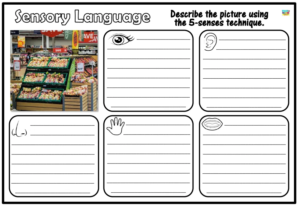 Five-senses writing prompt: students describe a supermarket produce display of fruit crates and sale signs, sense by sense