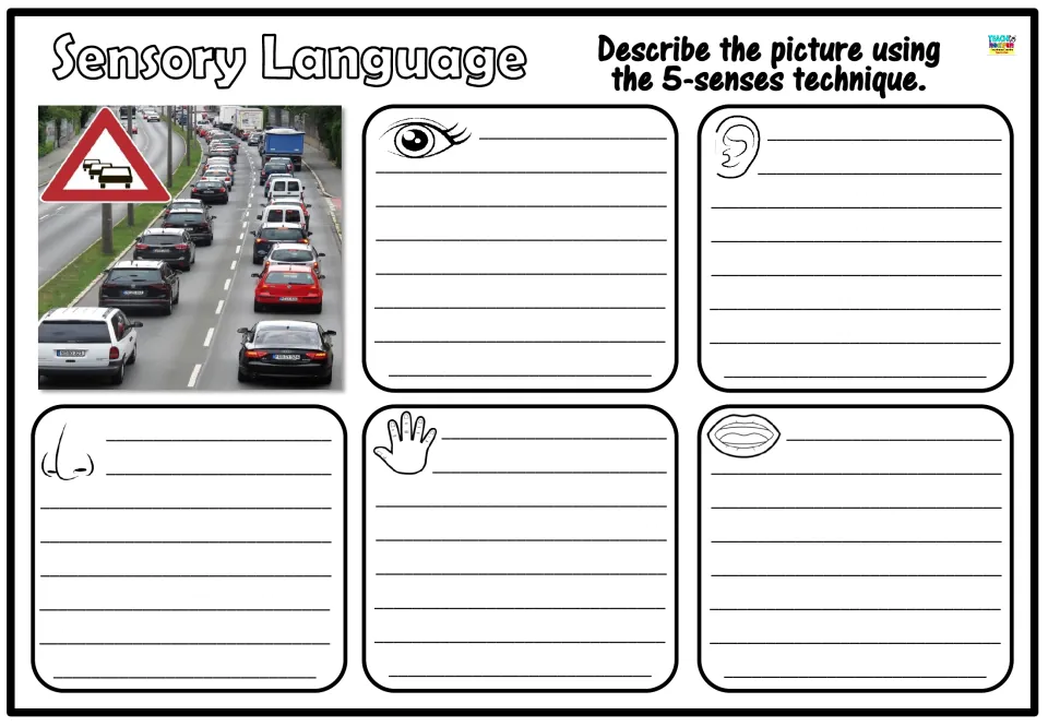 Sensory language: students record what they would see, hear, smell, touch and taste in a traffic jam beside a warning sign