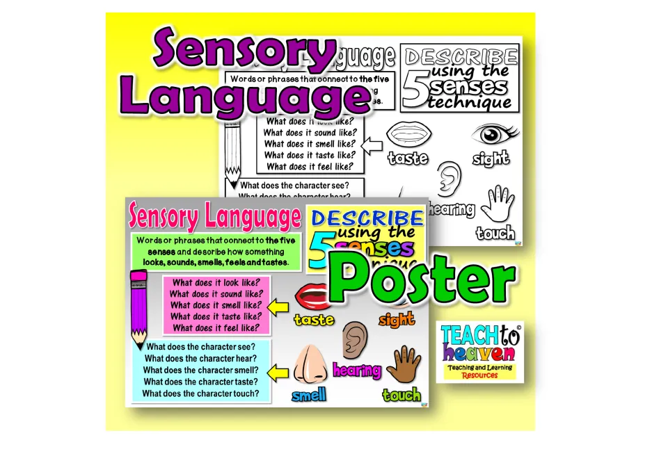 Sensory language poster cover showing color and black-and-white versions with five-senses writing prompts.