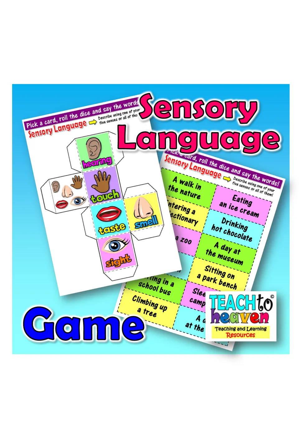 Sensory Language Game cover showing a printable five-senses die and scene task cards like A walk in the nature