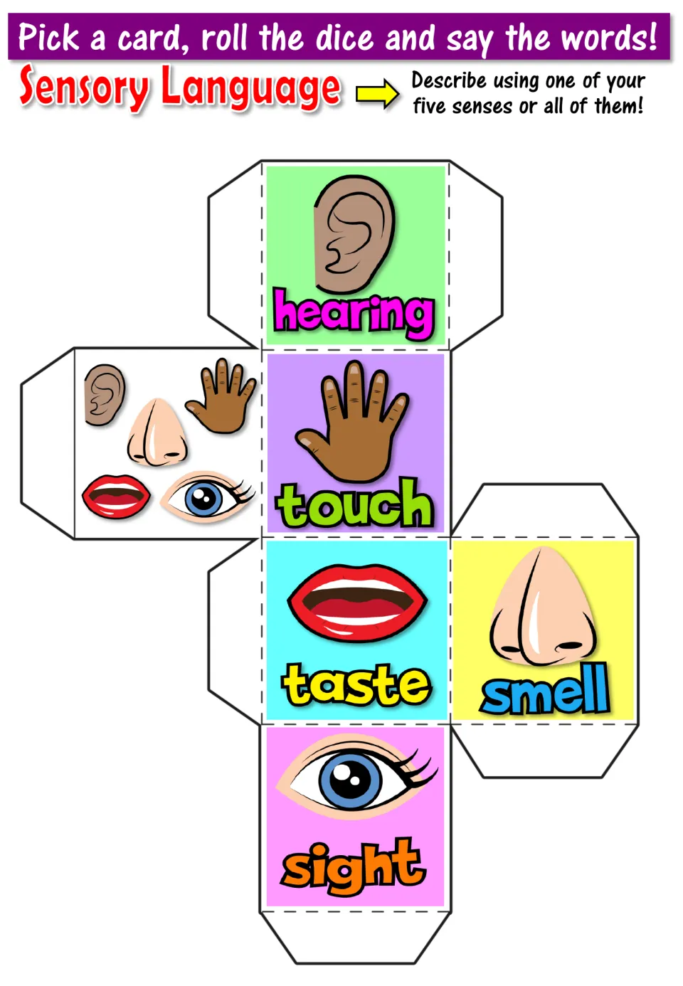 Five senses die cut-out: students fold a die with hearing, touch, taste, smell and sight faces plus an all-senses face