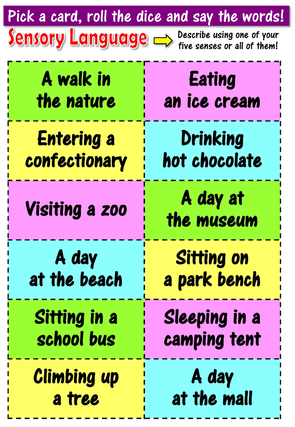 Sensory language task cards: students describe 12 scenes, such as Eating an ice cream or A day at the beach, using senses