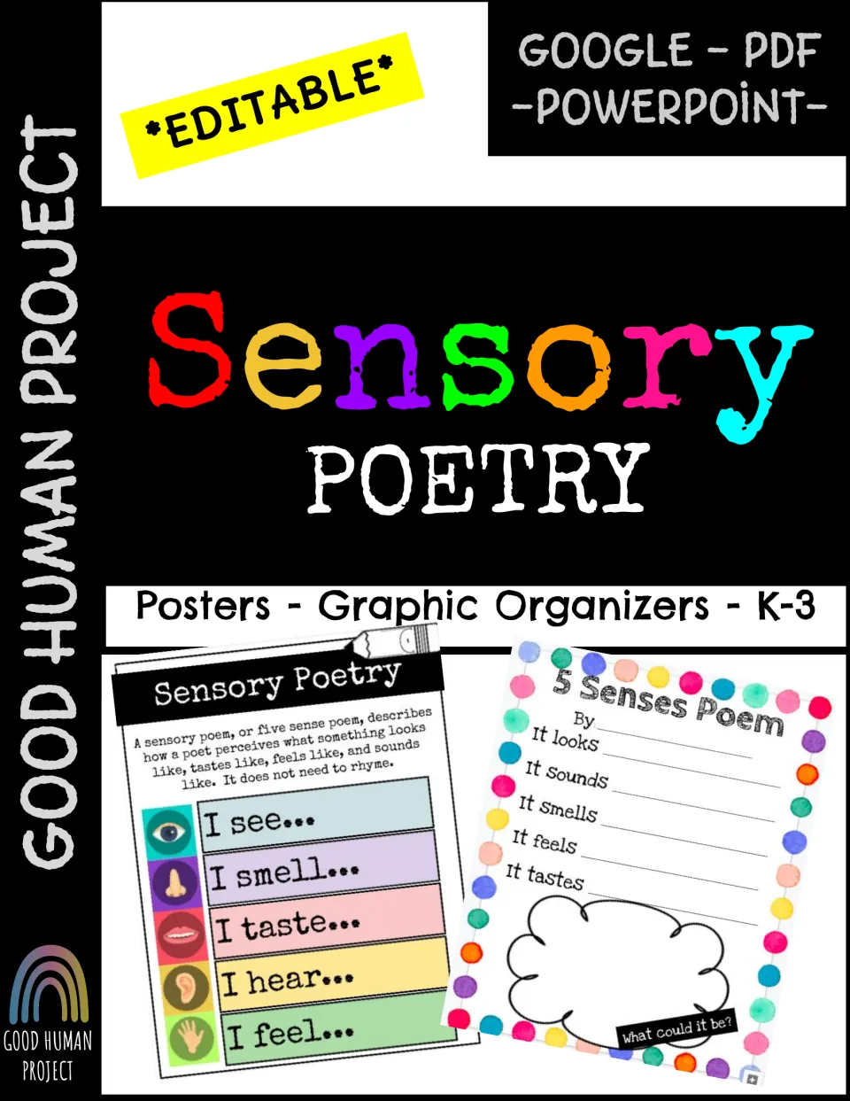 Cover of editable Sensory Poetry posters and graphic organizers for K-3, showing a five senses poster and poem template