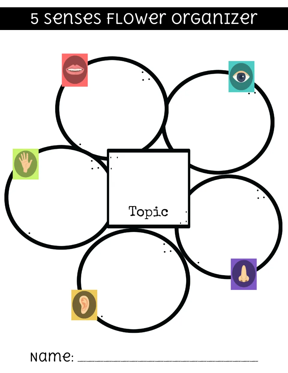 5 Senses Flower Organizer: students write a topic in the center and sensory details in five petals marked by sense icons