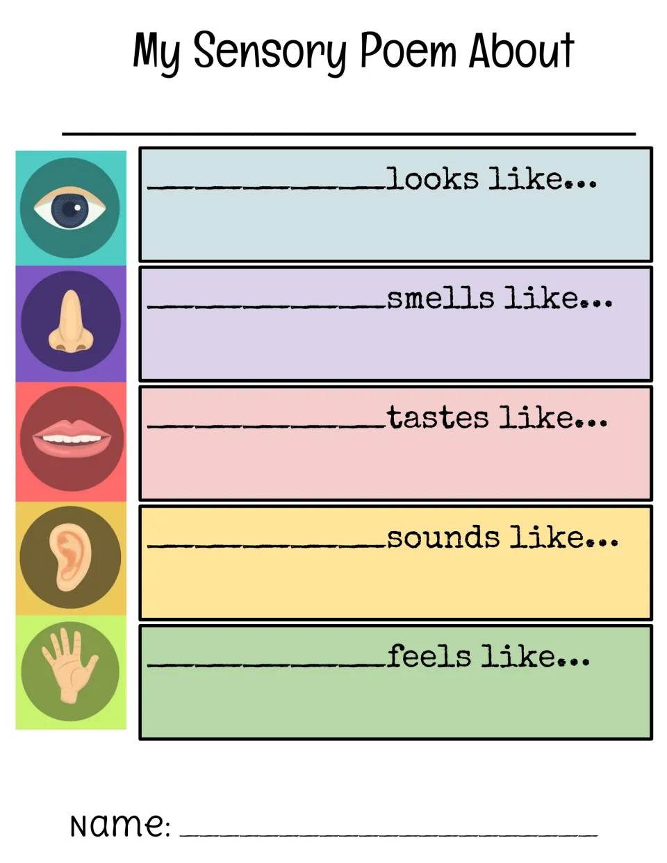 My Sensory Poem About: students fill in a subject and complete looks, smells, tastes, sounds and feels like lines