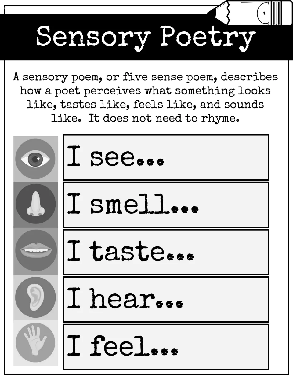 Sensory poem poster in black and white: five-sense poem definition with I see, I smell, I taste, I hear, I feel prompts