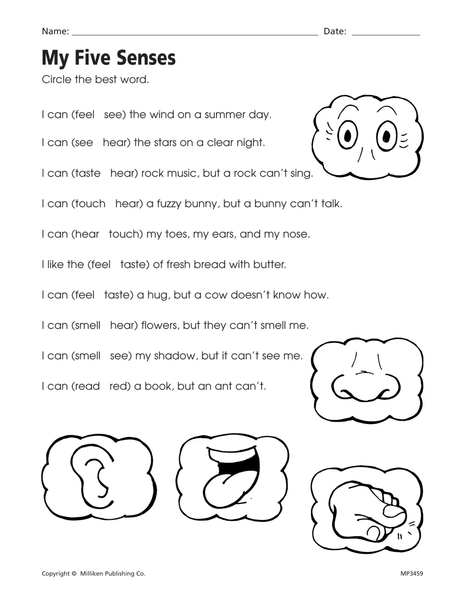 My Five Senses: students circle feel, see, hear, taste, touch or smell to finish 10 sentences, beside sense-organ drawings