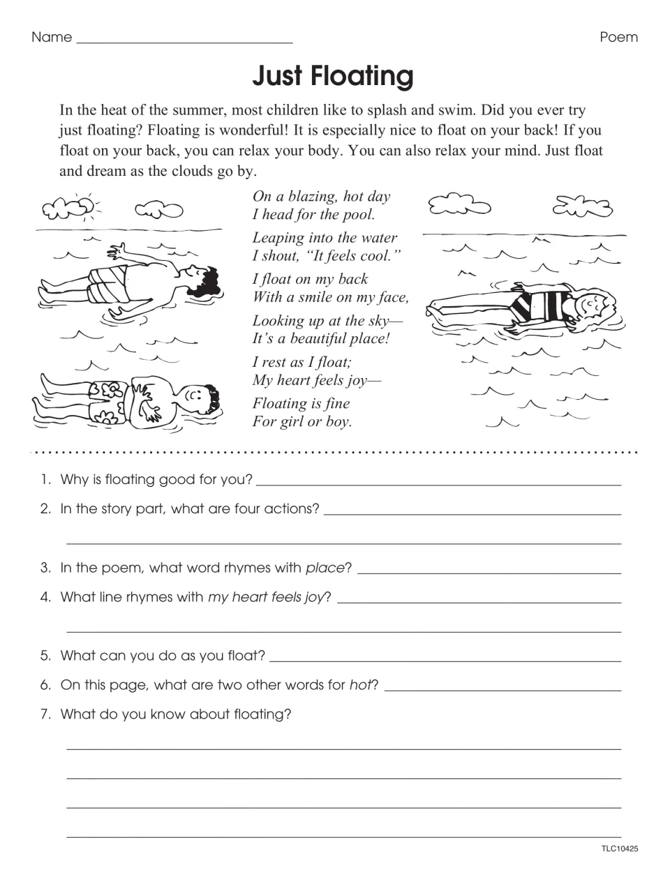 Just Floating story and poem: students find action words, rhymes for place and joy, and two other words for hot