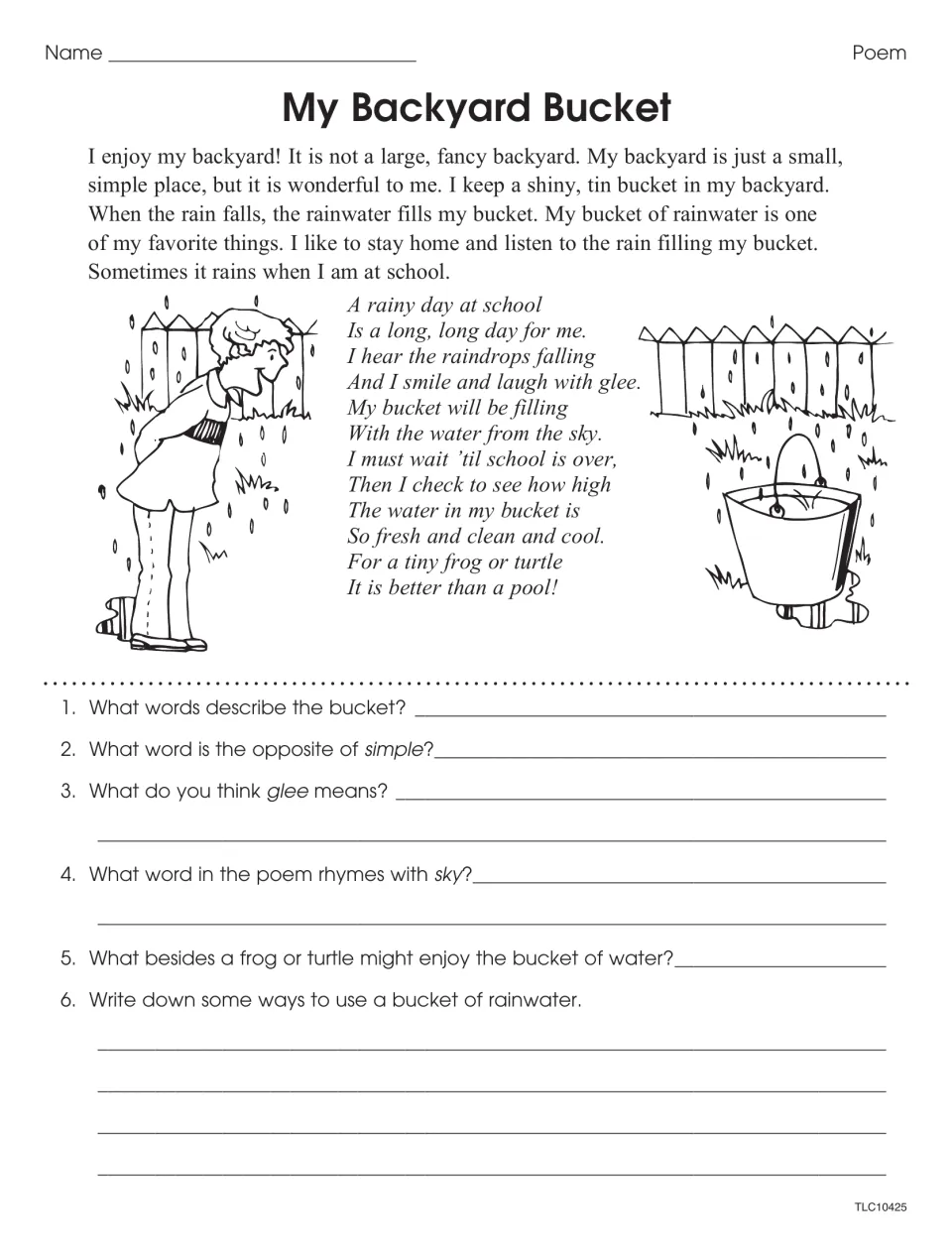 My Backyard Bucket passage and rain poem: students find bucket adjectives, the opposite of simple and what glee means