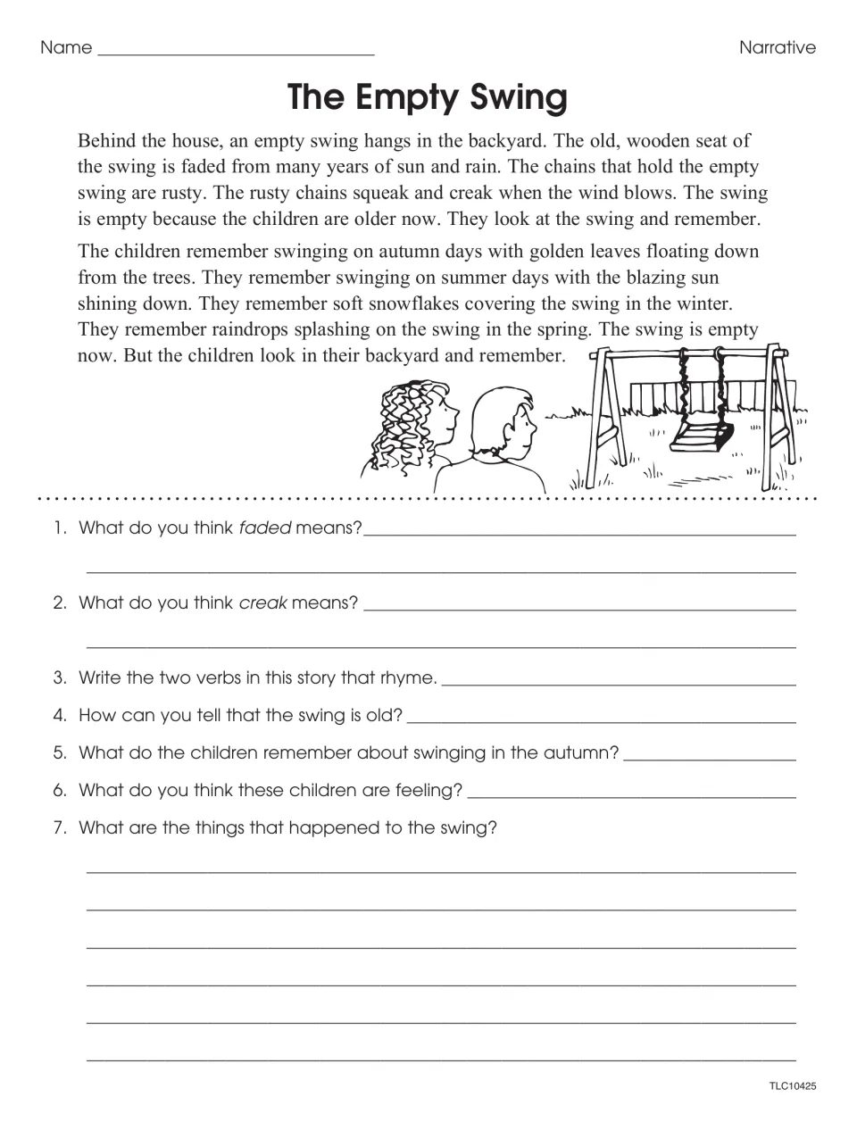 The Empty Swing narrative: students explain faded and creak, find two rhyming verbs and describe how the children feel