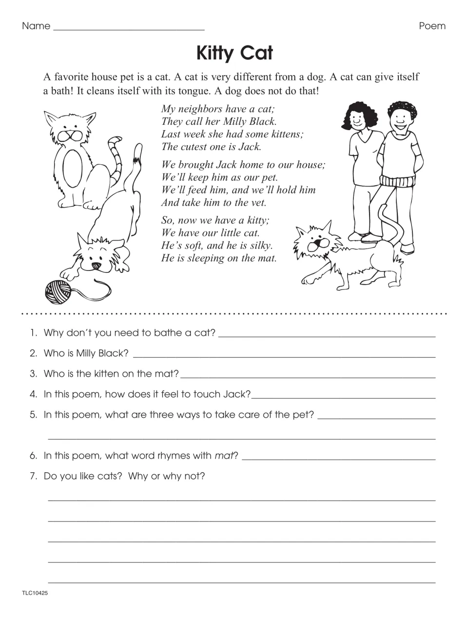 Kitty Cat passage and poem: students answer questions about Milly Black, kitten Jack, how Jack feels and a rhyme for mat