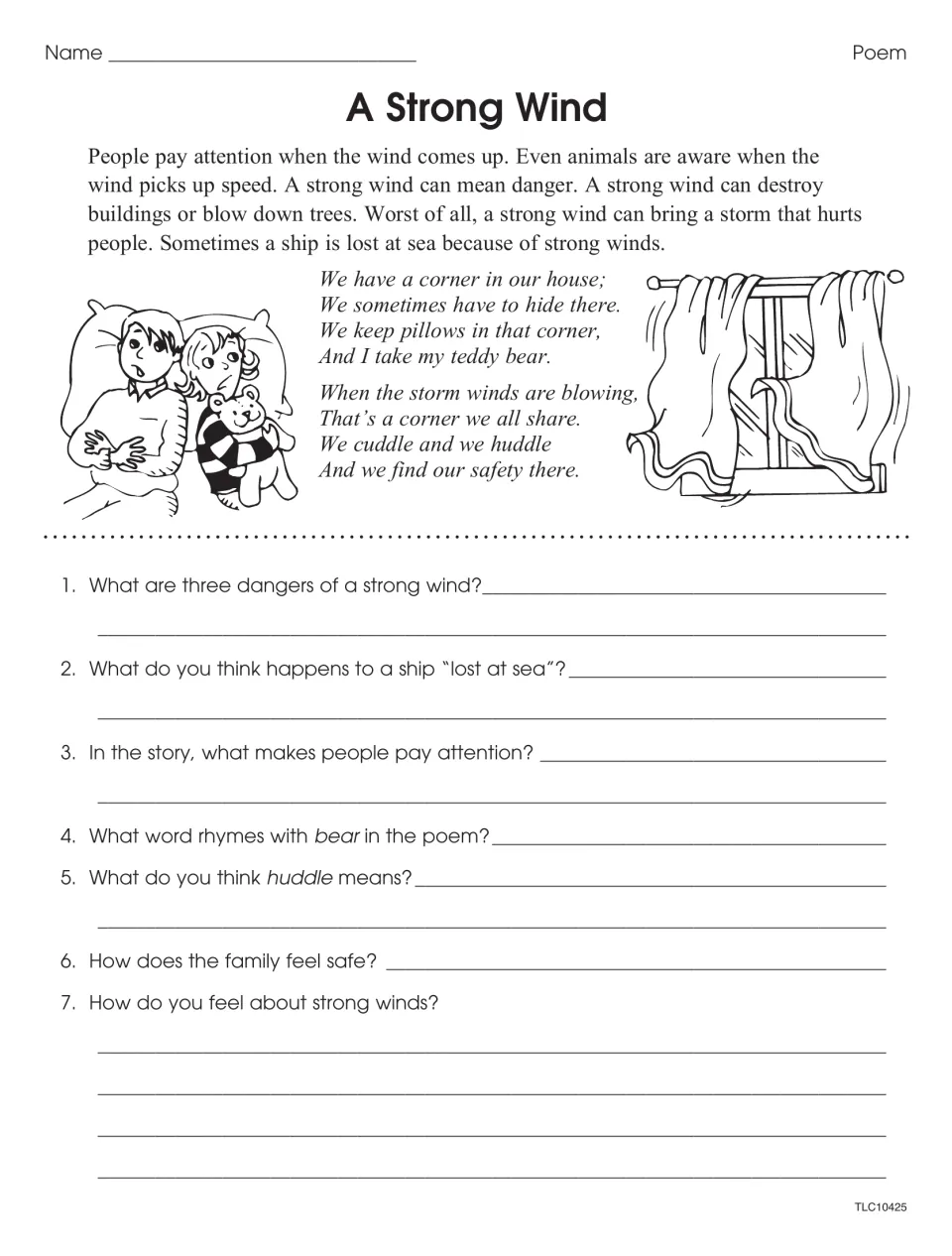A Strong Wind passage and storm poem: students list wind dangers, explain huddle and find a rhyme for bear
