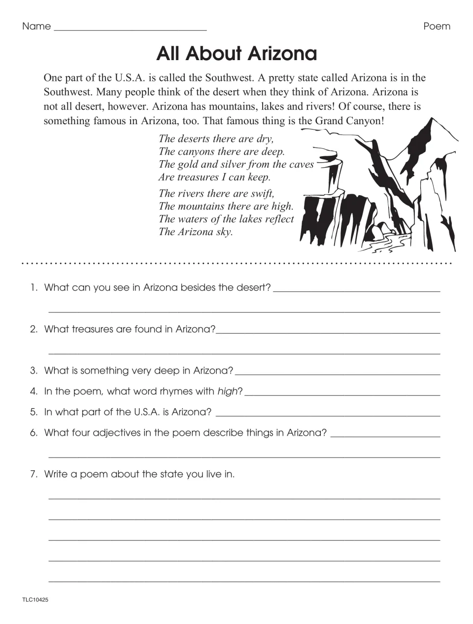 All About Arizona passage and poem: students name its treasures, find four adjectives, then write a state poem